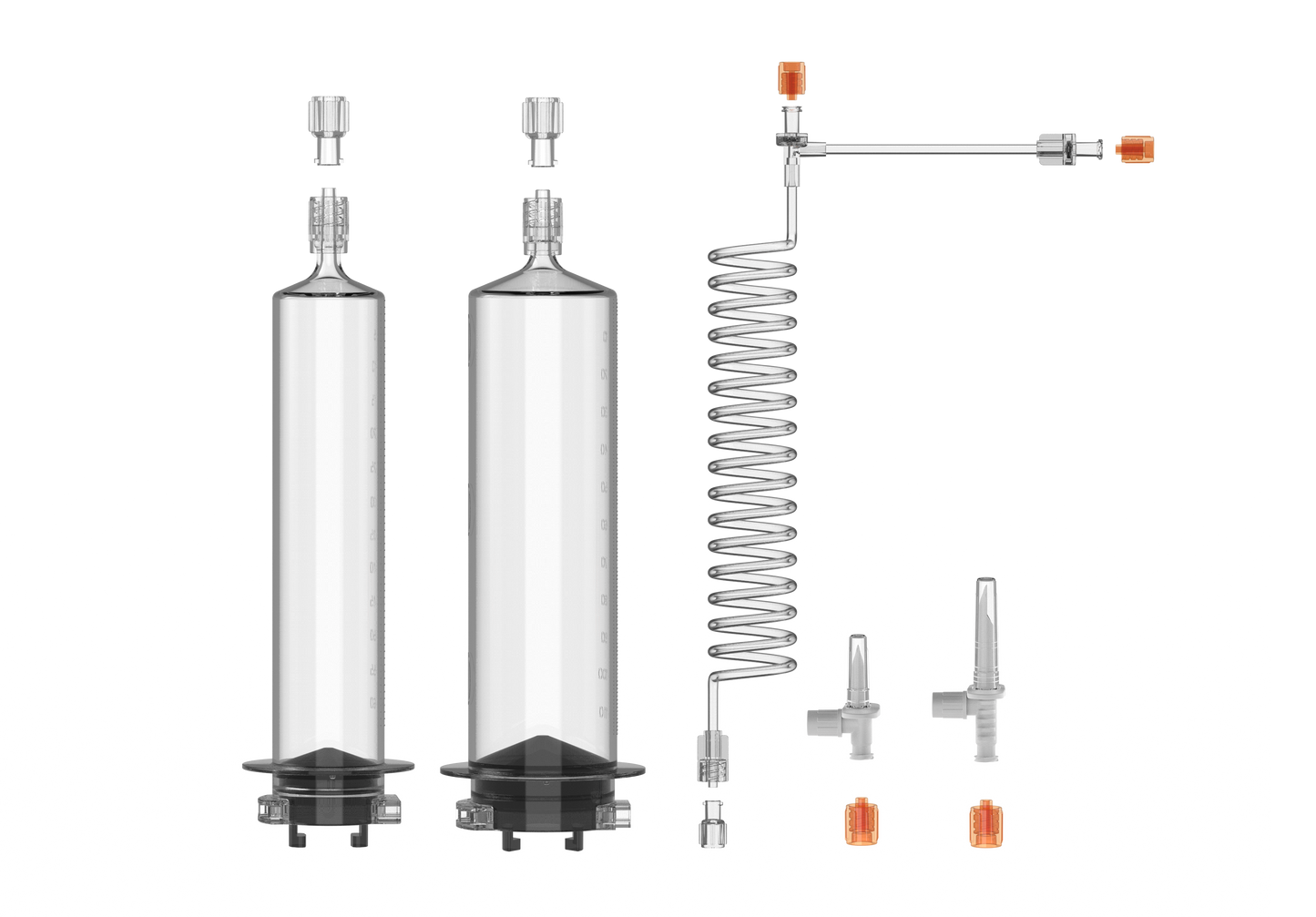 1 × 65ml & 1 × 115ml Syringes with 250cm T-Coiled Connecting Tube & 2 Spikes
