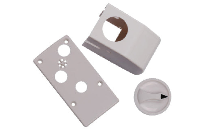 Set of plumbing components including a white bracket, valve handle, and metal plate on a white background.