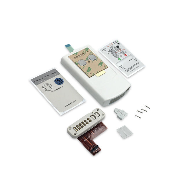 A set of first aid kit components including a case, bandages, and an information card, laid out on a white background