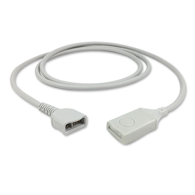 A gray patient interface cable, with one end displaying a standard connector and the other end a unique medical device connector.