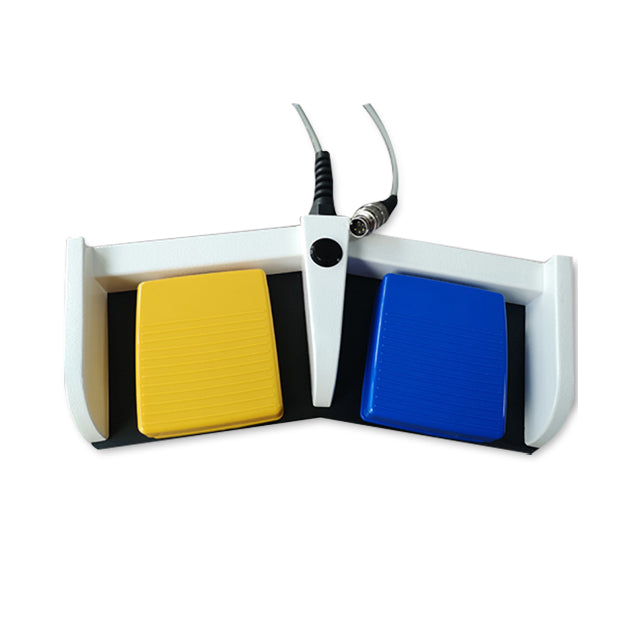 A double pedal compatible with ERBE VIO200D/VIO300D models, featuring a yellow and blue pedal with a white footrest.