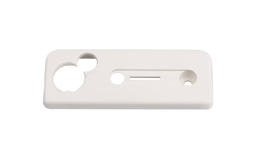 White plastic bracket with two holes on a white background