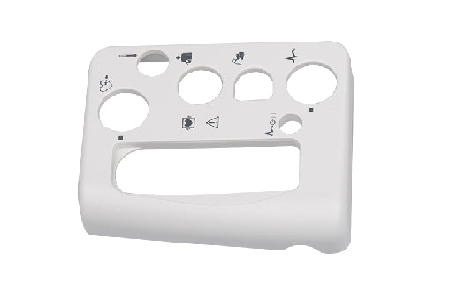 White plastic panel with cutouts and symbols on a white background
