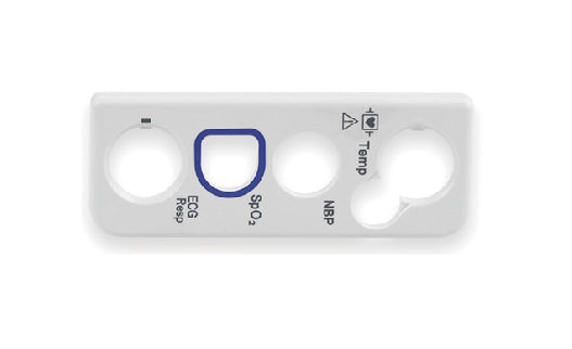 Medical device with labeled ports for ECG, Spo2, NIBP, and Temp on a white background
