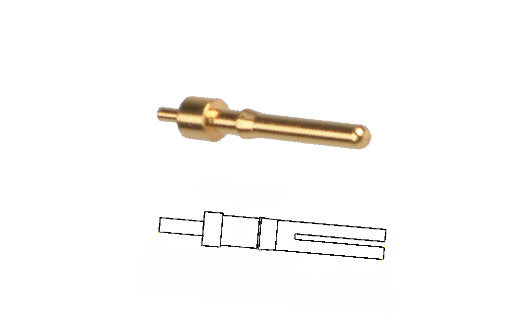 Gold-colored cylindrical object on a white background with a black line drawing below.
