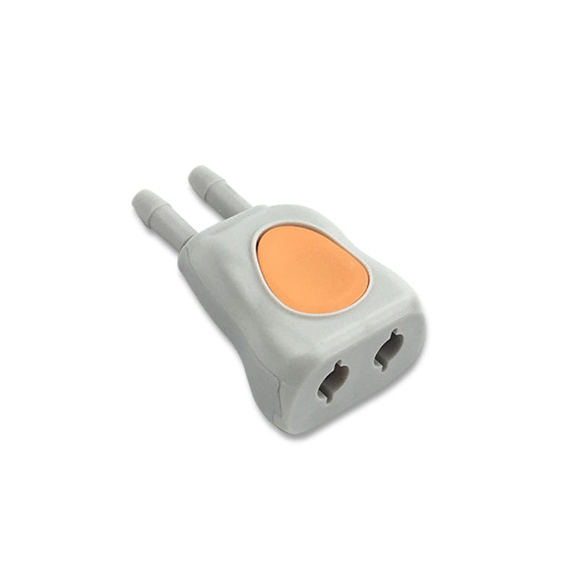 A GE DINACLICK Compatible NIBP Connector Dual Hose with gray body and orange detailing.