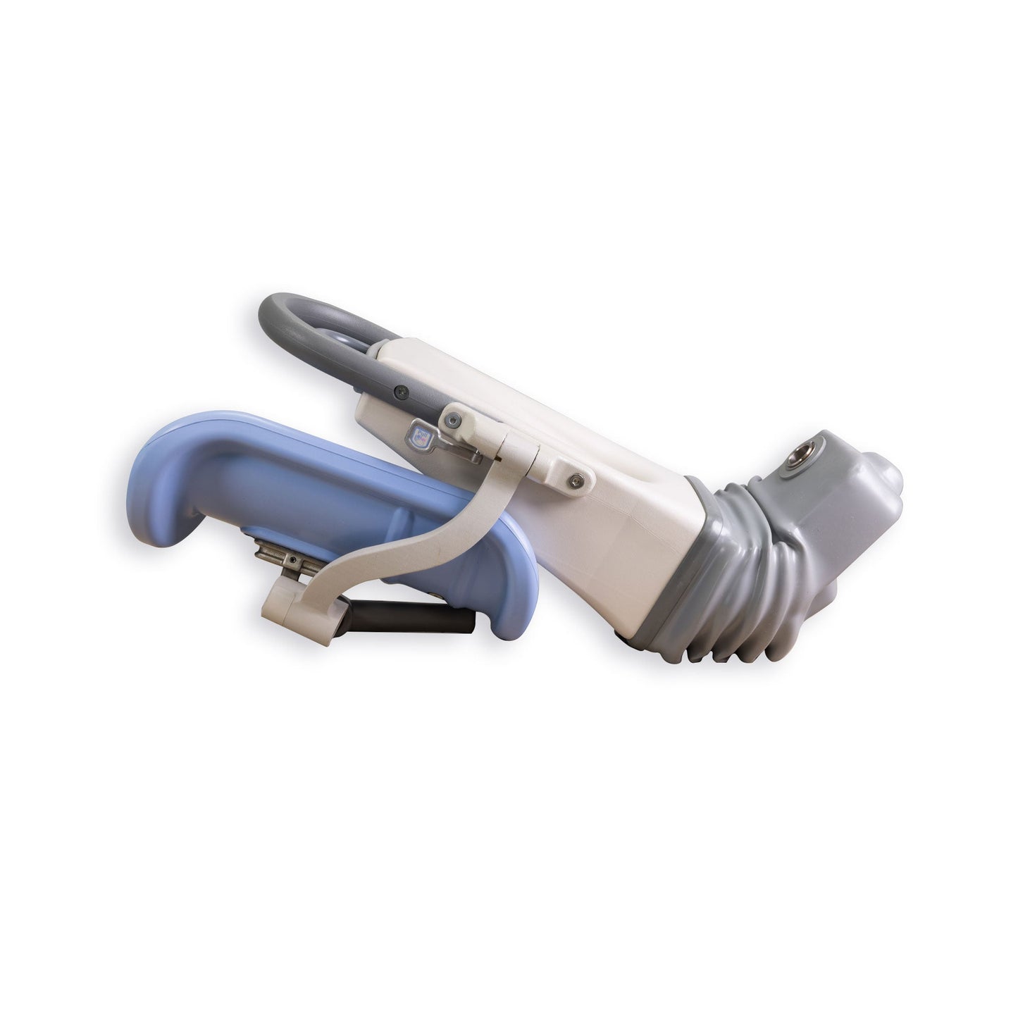 A medical device part, possibly a footrest or support assembly, with blue and gray colors.