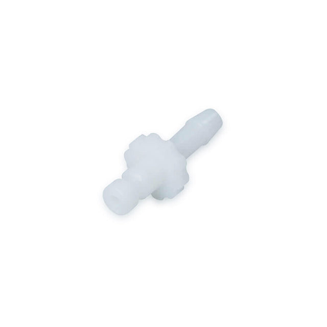 A single white male bayonet plastic connector compatible with BP connectors for cuffs.