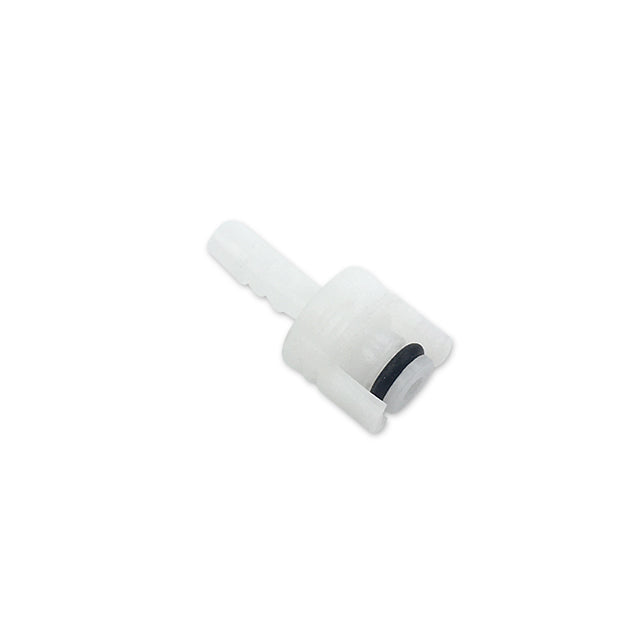A white male subminiature compatible BP connector for air hoses with a barbed design.