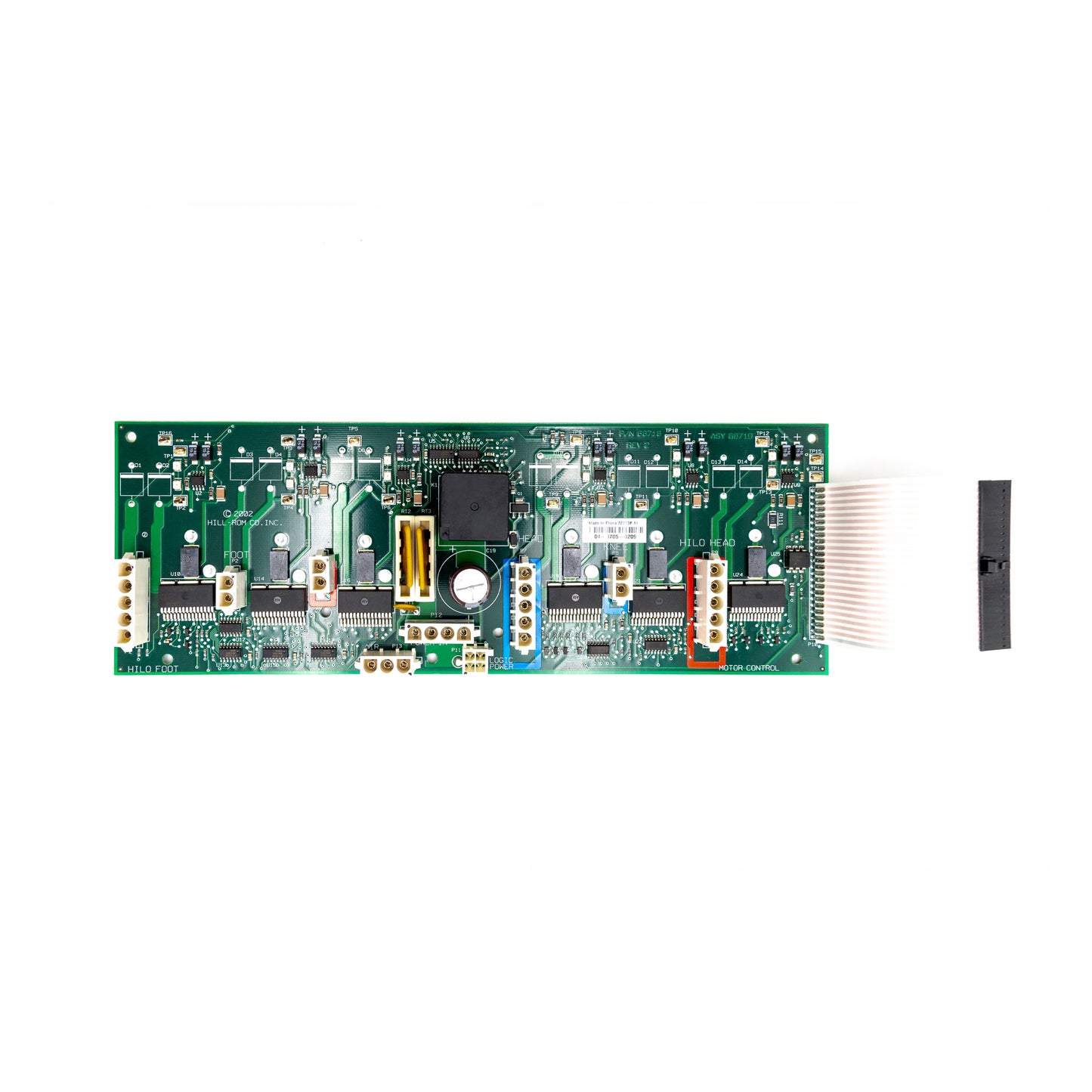 A motor control board, primarily green with various electronic components and connectors.