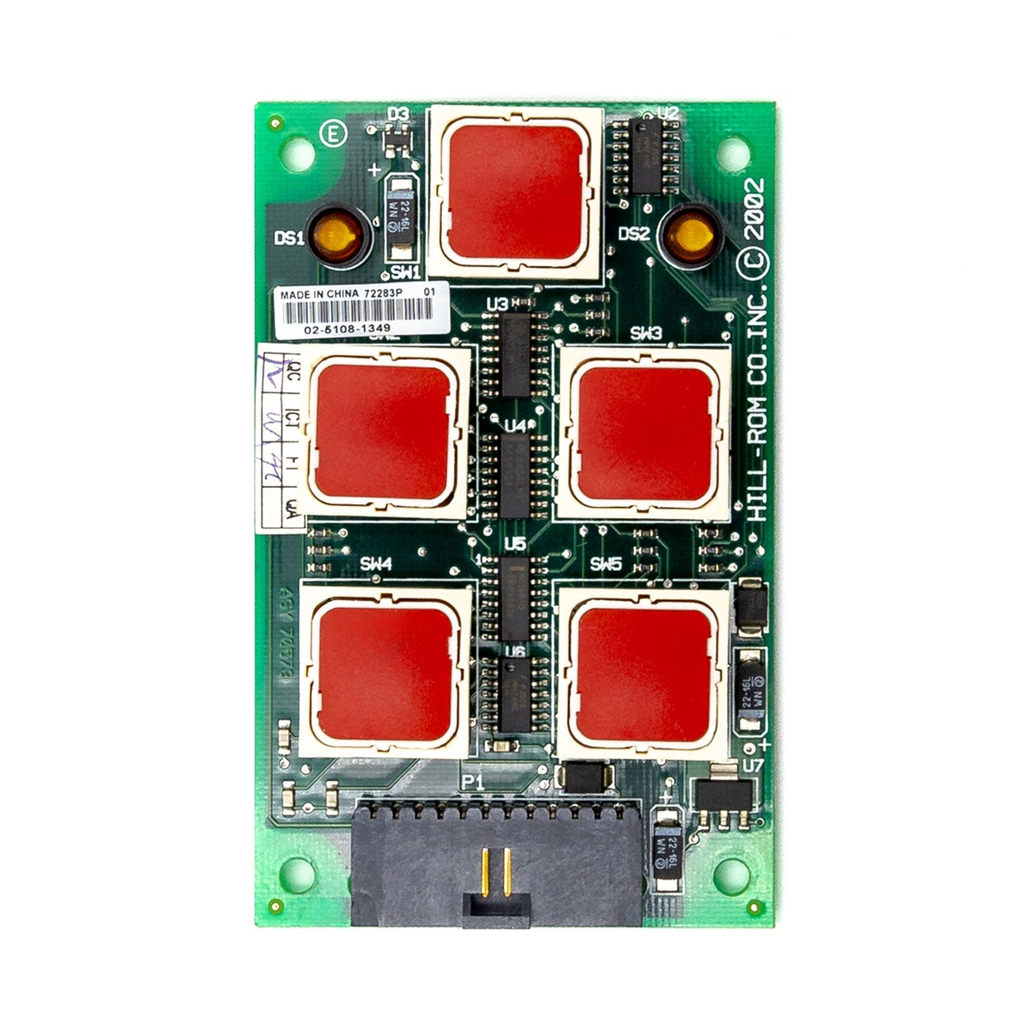 This is an image of a Hillrom compatible PCB, showing a patient control assembly with multiple red squares on a green circuit board background.