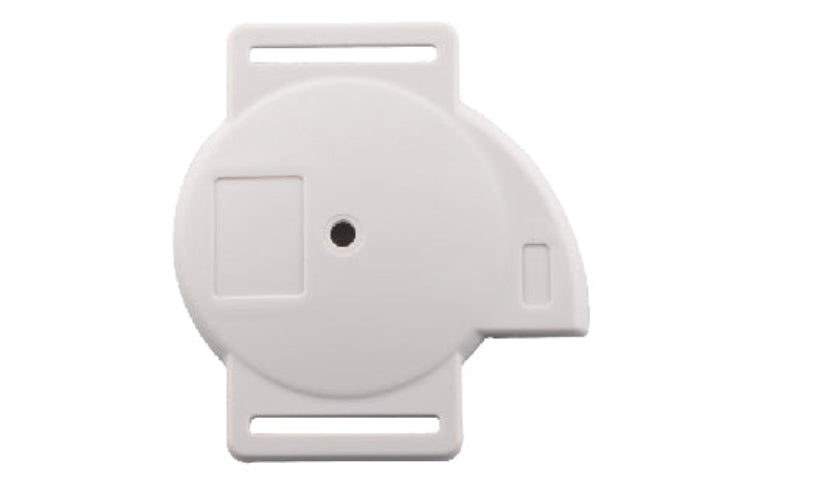 White plastic component with a central hole on a white background
