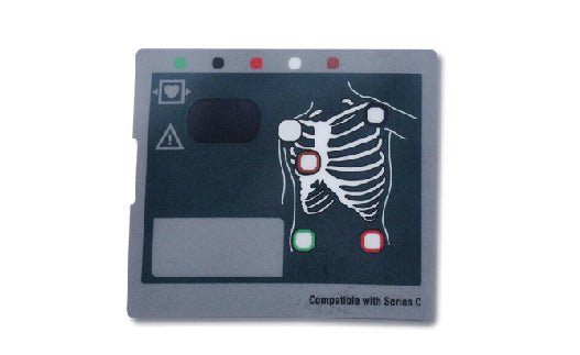 Cardiac monitor electrode pad with skeleton diagram on a white background