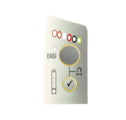 Metallic label with various symbols and the brand 'EASI' on a white background