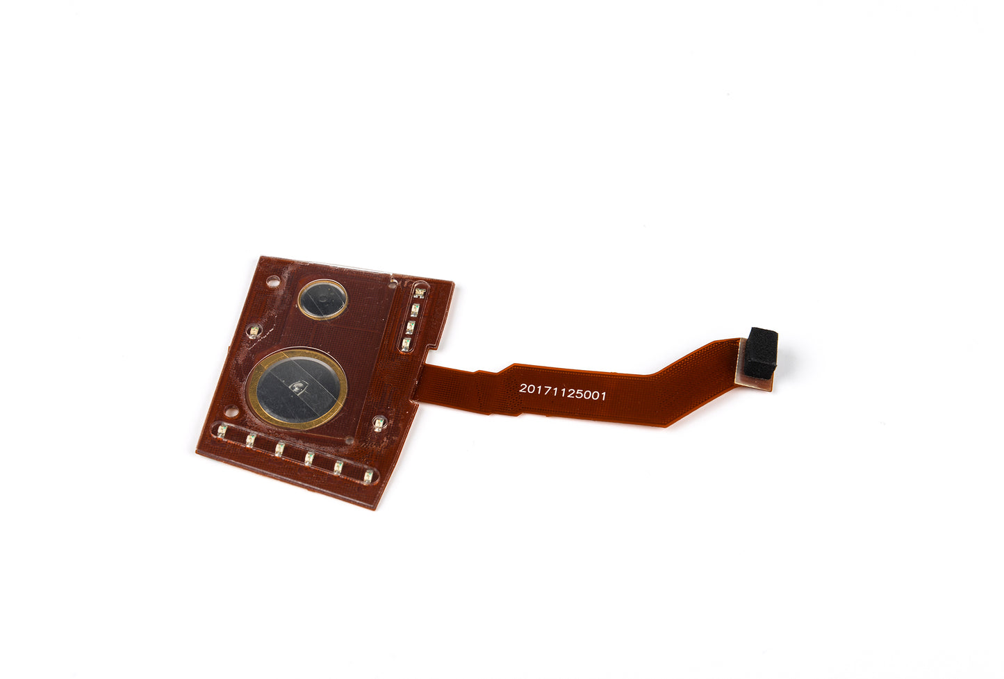 Circuit board with flex cable on a white background
