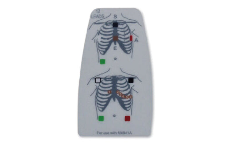 Electrode pad with chest diagram and lead labels on a white background