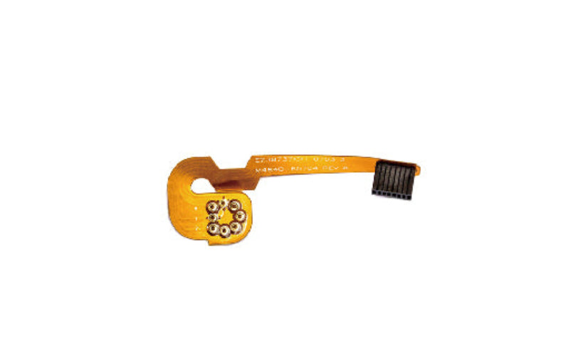 Yellow electronic flex cable with connectors on a white background
