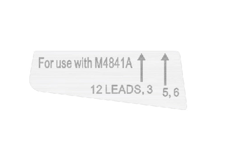Label for medical equipment with text 'For use with M4841A' and '12 LEADS, 3 5, 6'.