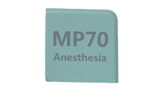 Rectangular block with 'MP70 Anesthesia' text on a light blue background