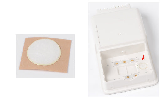 Medical adhesive patch on a white background with a close-up inset showing the patch.