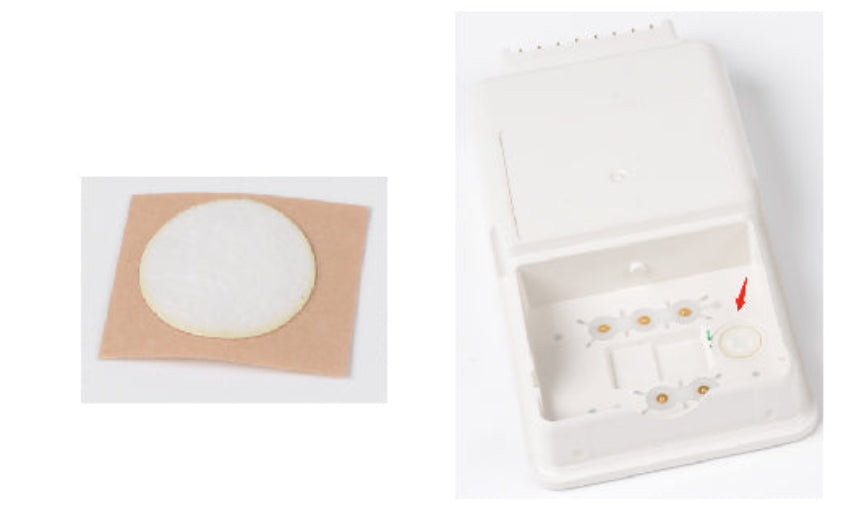 Medical adhesive patch on a white background with a close-up inset showing the patch.