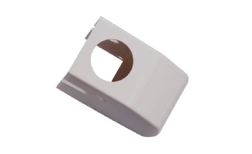 White plastic component with a circular cutout on a white background