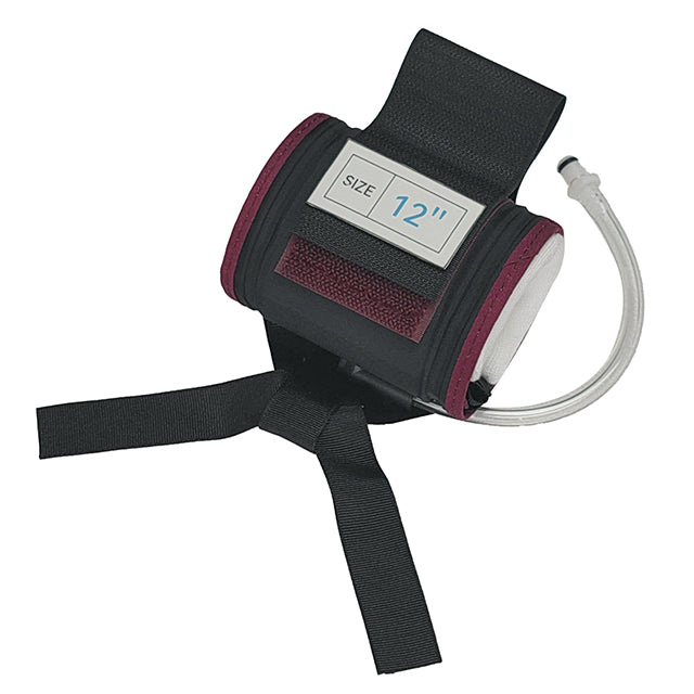 A dark purple Stryker reusable tourniquet cuff with a label indicating size '12 inches', equipped with tubing and limb protection sleeves.
