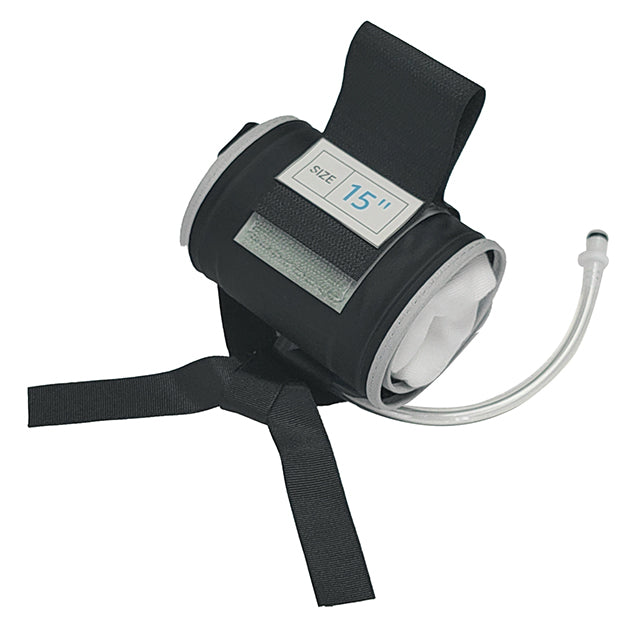 A black and gray Stryker reusable tourniquet cuff with a measurement label of '15 inches' visible on the cuff. The product includes tubing and has a strap for securing.