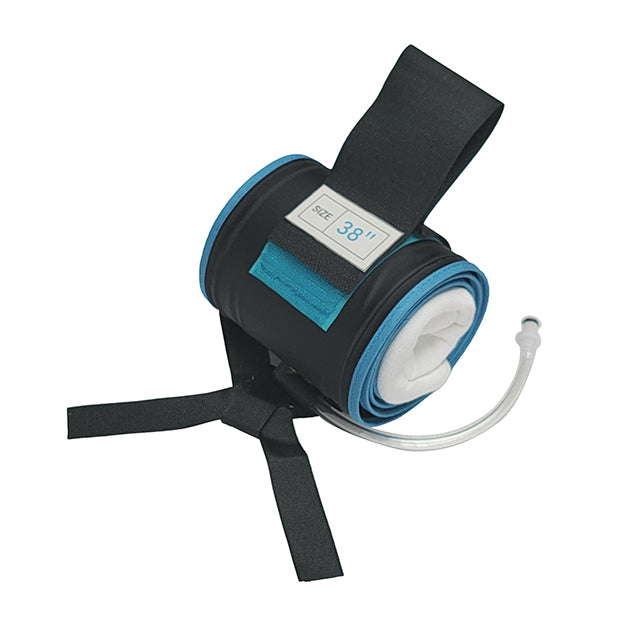 A rolled-up teal-colored tourniquet with black straps and a white label, on a white background.