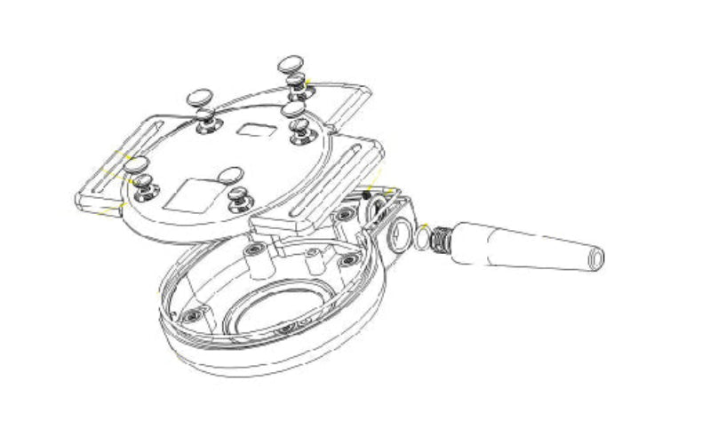 Technical drawing of a mechanical device with various components on a white background