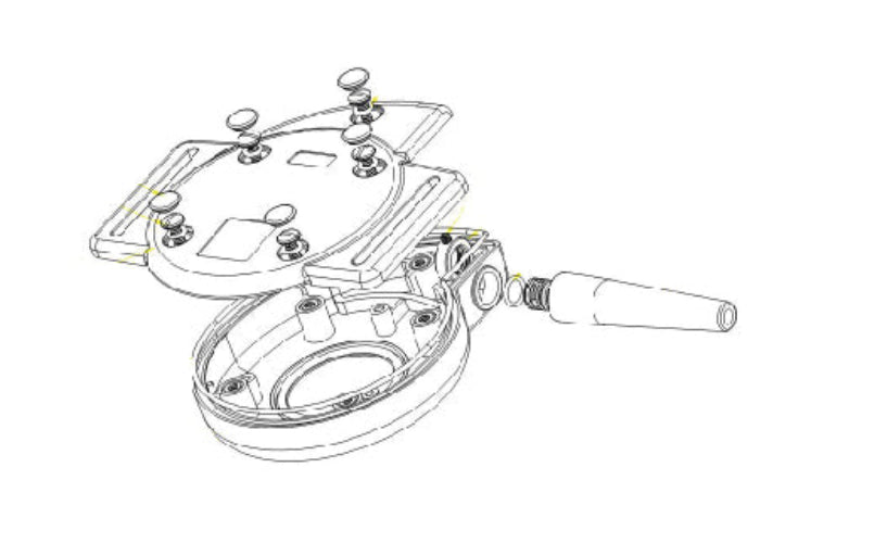 Technical drawing of a mechanical device with labeled parts on a white background