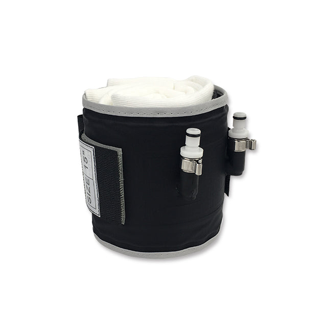 A reusable cylindrical tourniquet cuff in gray, with a dual port and single bladder, designed for medical use.
