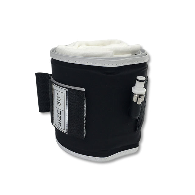 A reusable cylindrical tourniquet cuff in dark blue with a single port and a label indicating 'SIZE 30'.