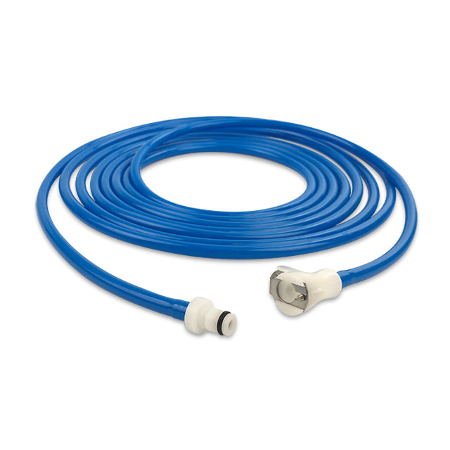 A coiled blue hose with white connectors on both ends, displayed against a white background.