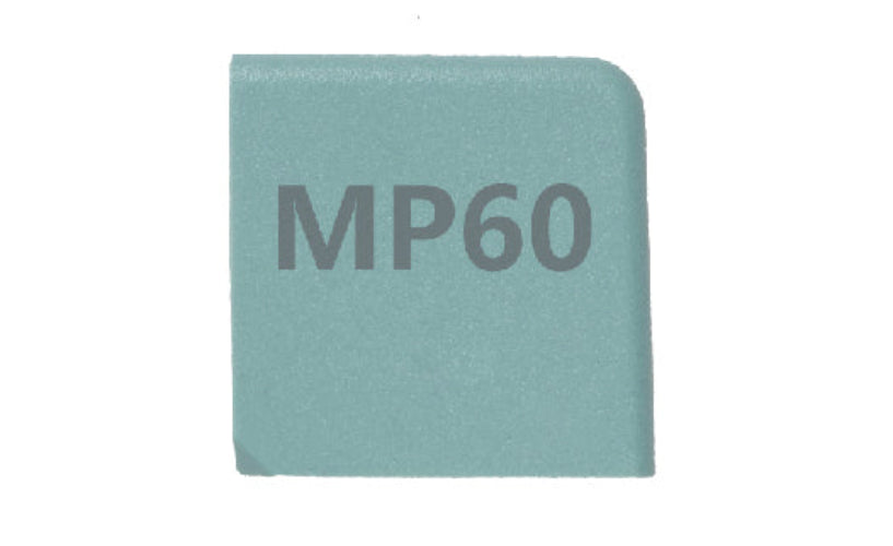 Teal square with 'MP60' printed on a white background