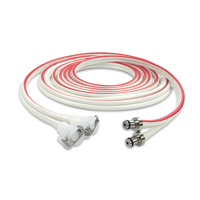 A coiled dual port hose with red and white coloring and connectors at both ends