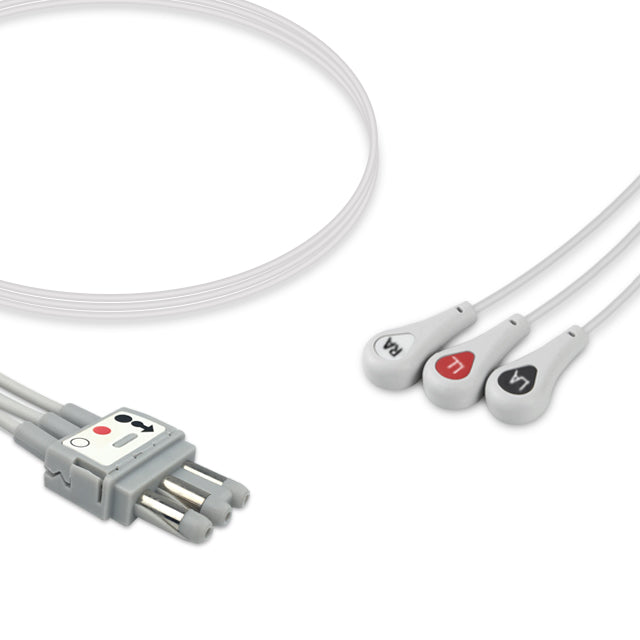 A set of white Spacelabs ECG leadwires with a molded Din-style connector and snap, including three different colored wires attached.