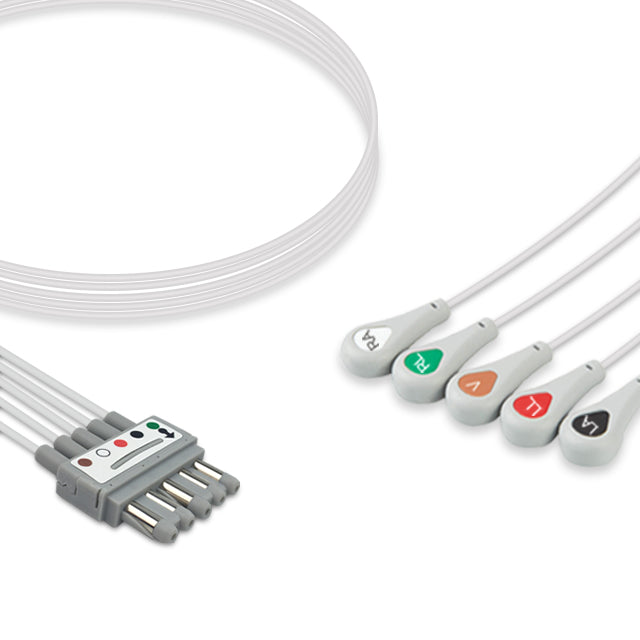 A set of five ECG (electrocardiogram) leads with a molded Din-style connector, designed for compatibility with Spacelabs ECG equipment.