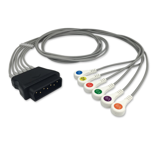 A six-lead ECG (electrocardiogram) cable with a black connector on one end and multi-colored snap buttons on the other.