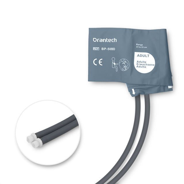 A blue Oranitech adult-sized blood pressure cuff with double tube and male screw, marked with 'ADULT' text and CE marking.