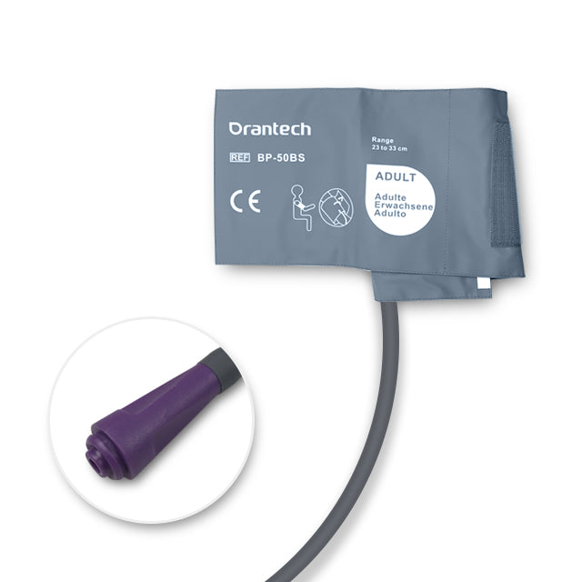 A grey Draeger NIBP adult cuff with a single tube and bladder, and a purple Draeger connector.