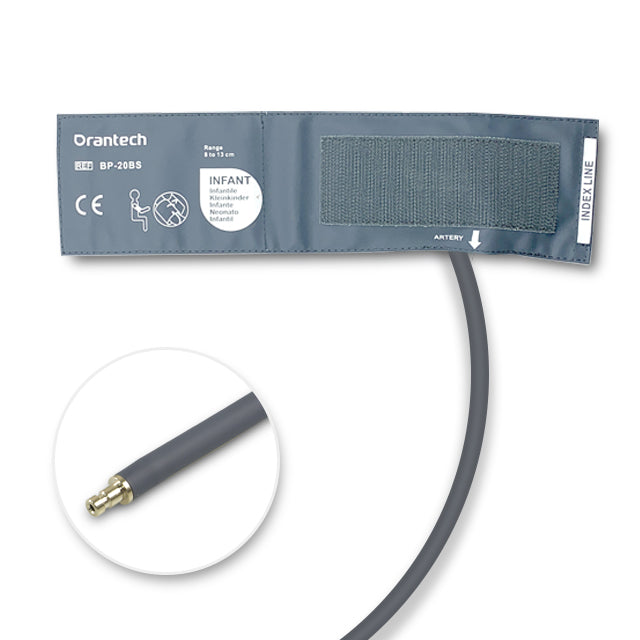 A gray Orantech infant-sized blood pressure cuff with a single tube and male bayonet connector.