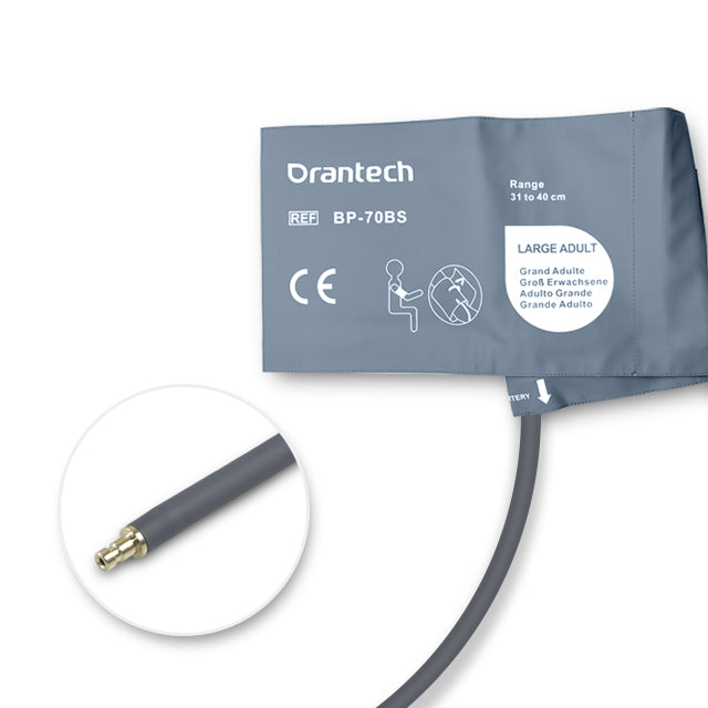 A gray Dranetech blood pressure cuff, model BP-7085, labeled for large adults, with a single tube and connector.