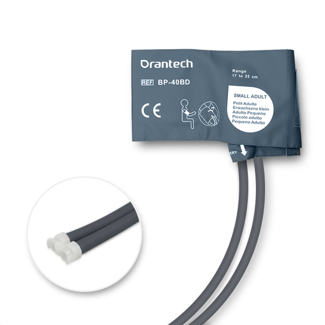 A blue reusable NIBP cuff with the Dranetech brand label, marked as 'BP-418D' and indicating suitability for small adult sizes.