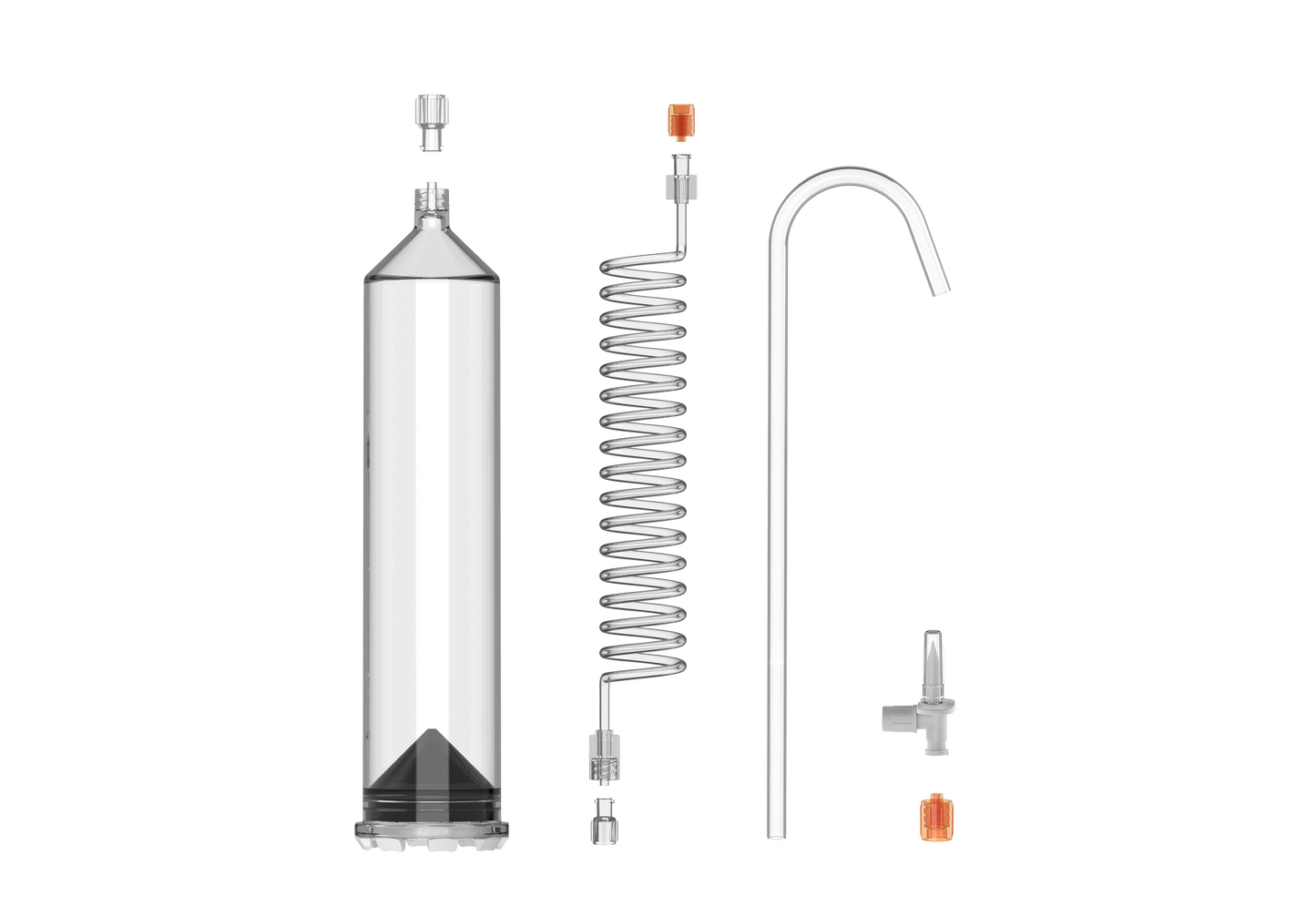 Set of glass brewing equipment including a coil, tube, and other components on a white background