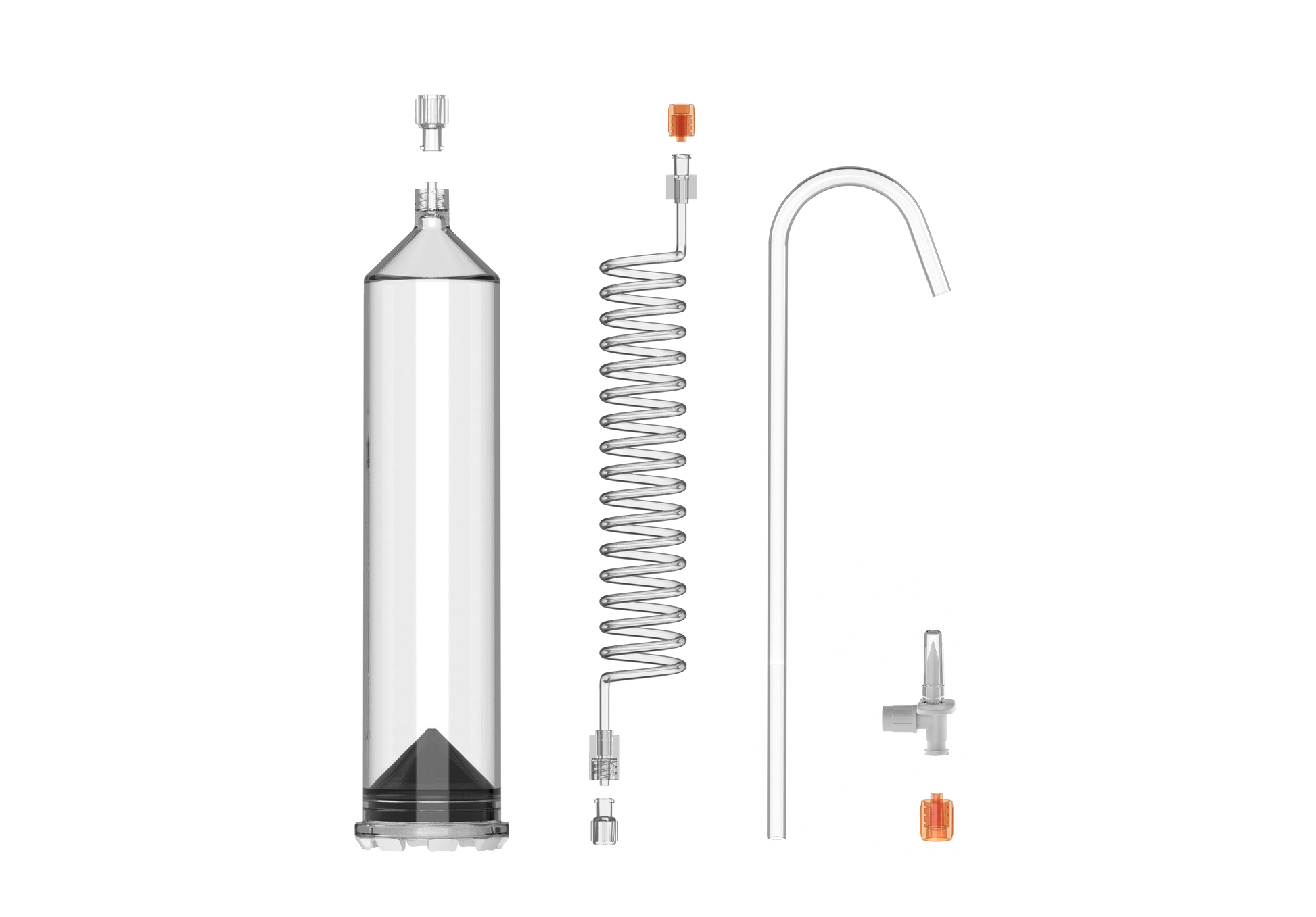 Set of glass brewing equipment including a coil, tube, and other components on a white background