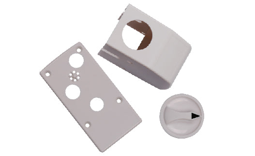 Set of plumbing components including a white bracket, valve handle, and metal plate on a white background.