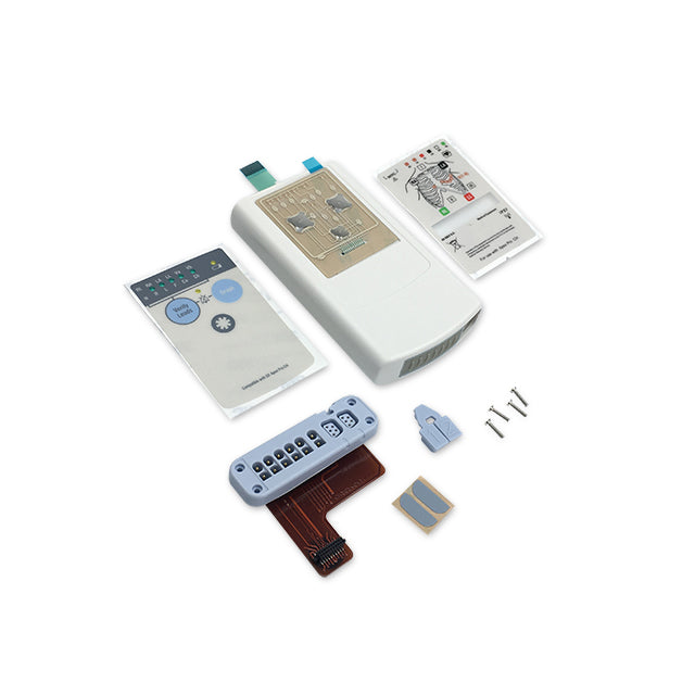 A set of accessories for the GE ApexPro CH complete case kit, including a remote control, programming card, and other components.