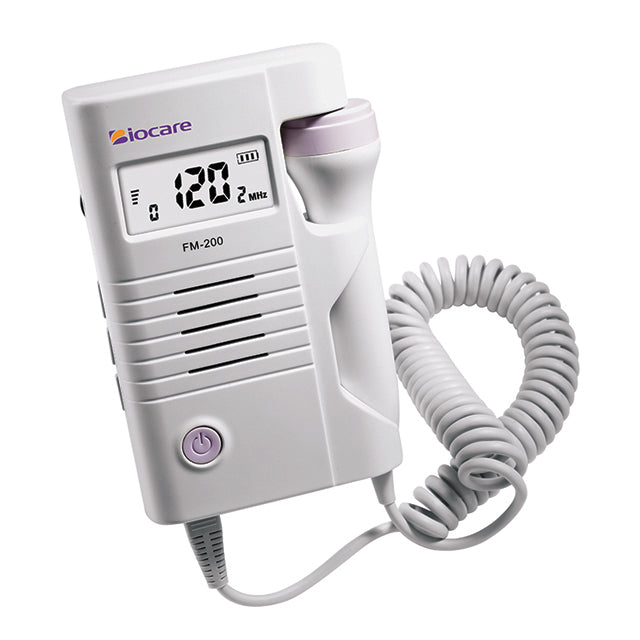A Biocare Doppler fetal heart rate detector with a large backlight LCD display and a white probe cord.