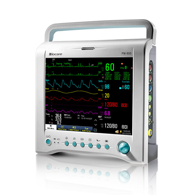A Biocare veterinary multi-parameter monitor with a color TFT screen displaying various medical data graphs and a keypad.